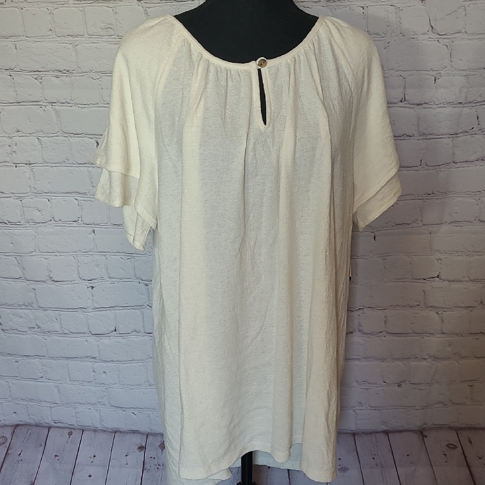 NEW Terra & Sky Cream Short Sleeve Size 14W Gauzy Neutral Blouse Versatile